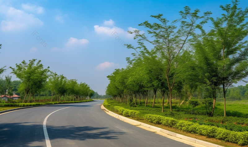 蓝天白云下的幽静弯曲的公园道路,高清,摄影图,摄影图片,图片大全,摄影图免费下载